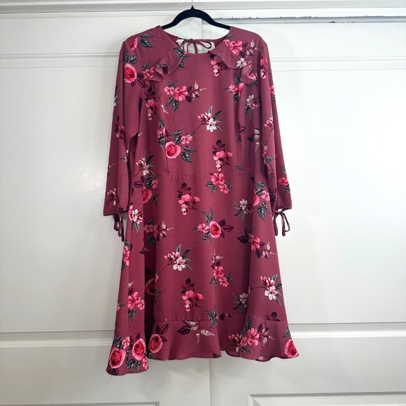 City Chic Burgundy Floral Ruffle Midi Dress - Picture 1 of 11